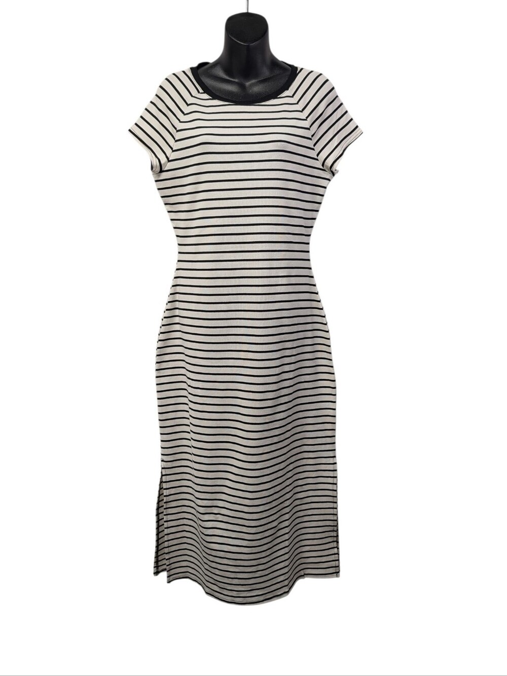 Gilli Womens White Black Striped Knit Midi TShirt Dress Side Slit Sz L NWT NWT